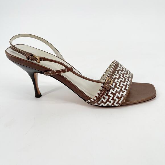 Vintage Prada Brown White Woven Leather Square Toe Slingback Heels IT 36.5 - Picture 2 of 12
